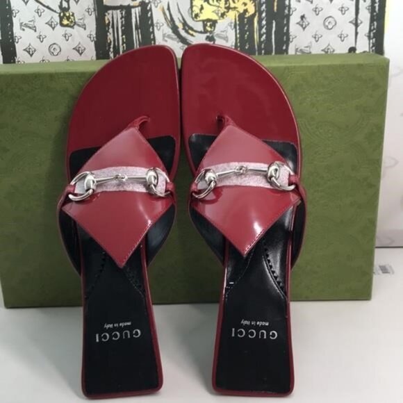 New Authentic Gucci Horsebit Kitten Heel Flip Flop – Red/Silver - Picture 10 of 11